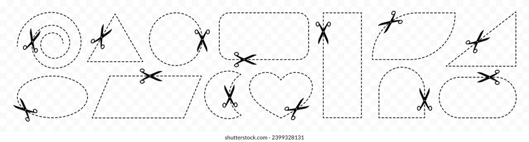Set of cut here scissors shapes. Icon of scissors with dash line for paper, coupon and voucher