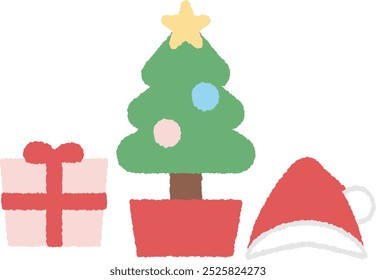 Set of cut illustrations of Christmas presents, tree and Santa Claus hat