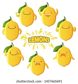 Set cut lemon characters. Cute fruit vector characters isolated on white background.