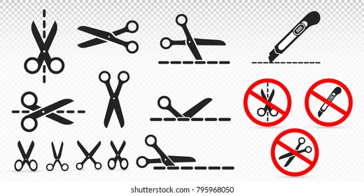 Set of cut line with scissors and stationery knife. Black icon, sign prohibiting cutting packaging and parcels by knife and scissors. Vector illustration. Isolated on transparent background
