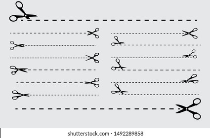 set of cut lines scissors, editable stroke. 