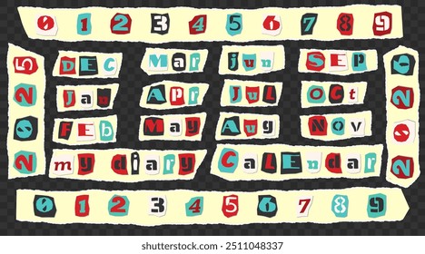 Conjunto de revistas de jornais cortados e papel vintage palavras coloridas. Calendário tema diário - Feliz Ano Novo, temporada, 2025, mês, número. Elementos da moda para colagem e clip-art. Ilustrações vetoriais.