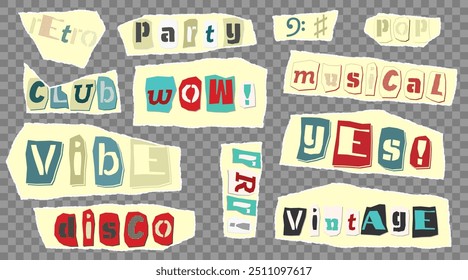 Set of cut newspapers magazines and paper vintage colorful words. Music theme - karaoke, sing, party, rock, jazz, disco, song, singer. Trendy elements for collage and clip art. Vector illustrations.