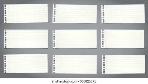 Set of cut notebook papers with lines on gray background