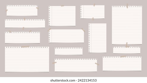 Conjunto de hojas de bloc de notas cortadas, papel alineado con sombra dura sobre fondo marrón para texto, notas y anuncios.