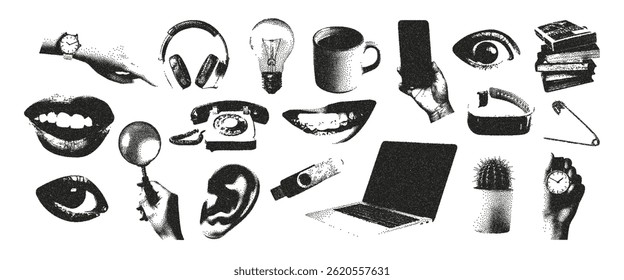 Set of cut out business elements of collage. Laptop, watch, hands, eyes, magnifier, photocopy stipple effect. Contemporary minimalistic business style. Vector.