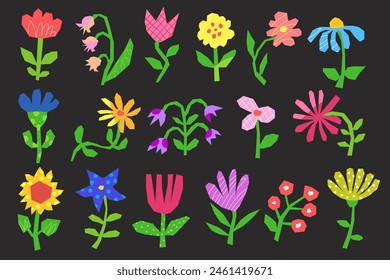 Set of cut out colored flowers isolated. Cut out of colored paper for collage. Tulip, chamomile, sunflower, carnation, periwinkle, bellflower and others. Various flowers for design. Vector.