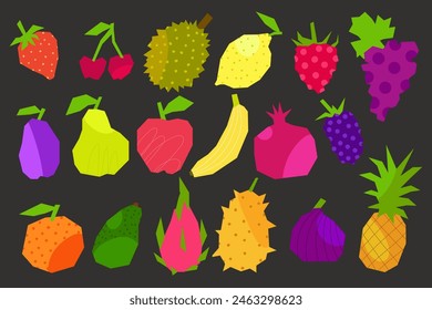 Set of cut out colored fruits isolated. Cut out of colored paper for collage. Lemon, banana, pineapple, apple, strawberry, orange, durian, raspberry and others. Various fruits in flat style. Vector.