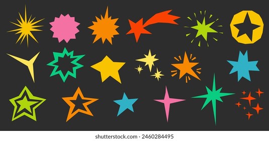 Set of cut out colored stars isolated. Cut out of colored paper for collage. Irregular shaped stars for design. Abstract star shapes. Vector illustration.