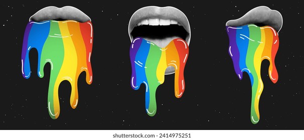 Set of cut out female lips with halftone effect in retro collage style. A rainbow flows from the mouth.Surreal retro collage.