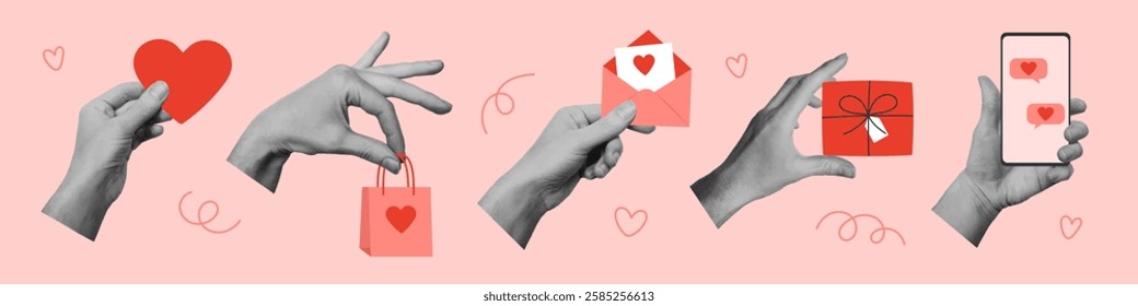 Set of cut out hands holding love letter, heart, paper bag, smartphone and gift box. Template for Valentine's day greeting card, birthday card, invitation, social media, flyer, banner, poster.