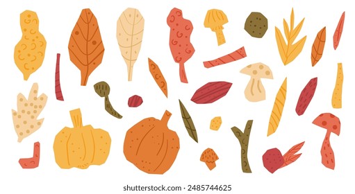 Set of cut out paper autumn shapes featuring leaves, pumpkins, mushrooms, and twigs in warm fall colors. Vector hand drawn illustration isolated on white background.