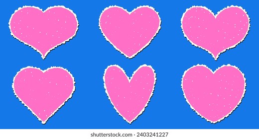 A set of cut out paper hearts, with the effect of unevenness and abrasions. Vector illustration of stickers for retro collages.