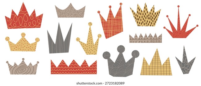 Conjunto de corona recortada de scrapbook con patrones de garabatos de crayón. Formas reales irregulares caprichosas para el collage con garabatos, textura de trazos de tiza áspera. Formas de diseño asimétricas de rey y reina