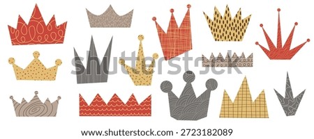 Set of cut out scrapbook crown with crayon scribble patterns. Whimsical irregular royal forms for collage with doodles, rough chalk strokes texture. Asymmetrical king and queen design shapes