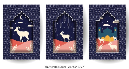 Set Cut paper Happy Eid Mubarak poster cover with window effect. Elegant Ramadan Kareem background collection. Perfect islamic holiday brochure cover Vector illustration. EPS 10