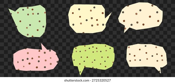 Set of cut paper speech bubbles with polka dot texture, isolated on transparent background. Retro collage elements for design and stickers.