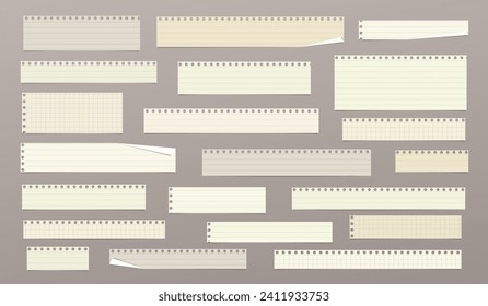 Set of cut paper strips, lined, math notebook sheets with hard shadow are on brown background for text, notes, ad.