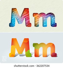 Set of cut paper vector letters and bright, positive letters with noise and shadows. The capital letters "M" and lowercase "m". EPS10.