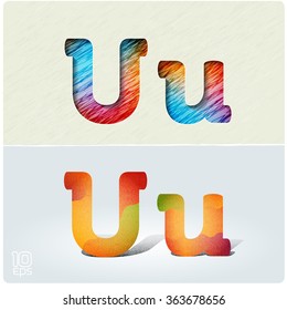 Set of cut paper vector letters and bright, positive letters with noise and shadows. The capital letters "U" and lowercase "u". EPS10.