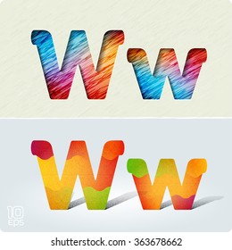 Set of cut paper vector letters and bright, positive letters with noise and shadows. The capital letters "W" and lowercase "w". EPS10.