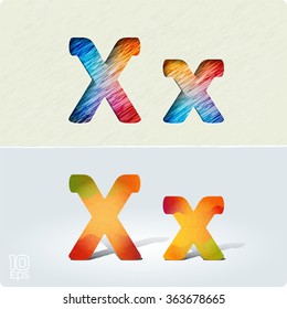 Set of cut paper vector letters and bright, positive letters with noise and shadows. The capital letters "X" and lowercase "x". EPS10.
