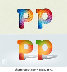 Set of cut paper vector letters and bright, positive letters with noise and shadows. The capital letters "P" and lowercase "p". EPS10.