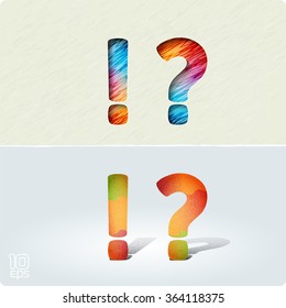 Set of cut paper vector letters and bright, positive letters with noise and shadows. The Exclamation mark and question mark. EPS10.
