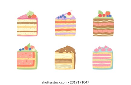 Kuchenschnitt mit Beeren, Gebäck. Herzlichen Glückwunsch zum Geburtstag. Einzeln auf weißem Hintergrund. Farbige Dekorationselemente. Vektorgrafik.