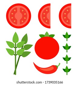 Set of cut slices of tomato, red pepper, green leaves flat icon vector isolated