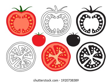 Satz geschnittener Tomaten in Scheiben verschiedener Stile auf weißem Hintergrund 