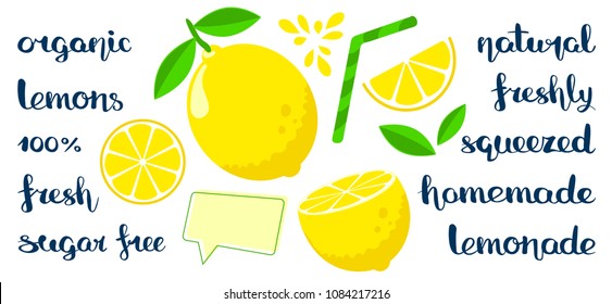 A set of cut and whole lemons with handwritten fruit-related marketing descriptions. Flat style editable vector illustration with hand drawn inscriptions.