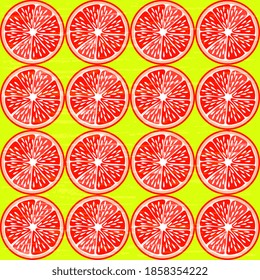 A set of cutaway grapefruit on a yellow textured background. Tropical fruits. Vector seamless citrus design. EPS 10