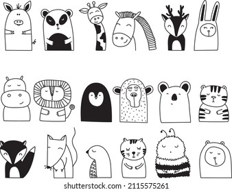 Set of cute 18 animals. Animal collection. Hand drawn vector Illustration. Funny poster. Retro prints.Cute simple animal portraits. Pig, panda, giraffe, horse, deer, hare, hippo, lion, koala, bee. 