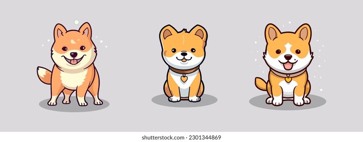 Set of cute 3 shiba inu dog cartoon character vector illustration