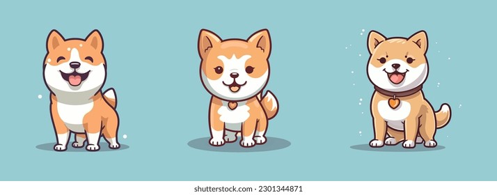 Set of cute 3 shiba inu dog cartoon character vector illustration