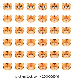 Set of cute 36 muzzles, faces tiger, tiger cub with big eyes, brown stripes, symbol of new 2022 year on white background. Vector illustration for postcard, banner, web, decor, design, arts, calendar.