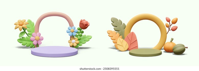 Set of cute 3D arches in plasticine style. Decorative arcs with plant elements