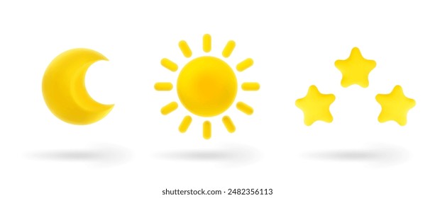 Set of cute 3d cartoon icons of heavenly bodies - crescent moon, shining sun and group of stars isolated on white background. Elements for ui and web design. Vector Illustration of 3d Render.