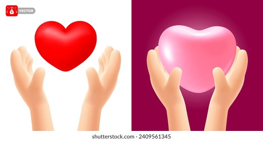 Juego de lindos dibujos animados 3d con manos realistas sosteniendo el corazón rojo o rosado. Aislado sobre fondo blanco y rojo. Concepto de amor, celebración del Día de San Valentín, cuidado de la salud o caridad. Ilustración del vector