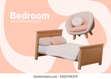 Set of cute 3D furniture for cozy bedroom. Interior elements for rest and relaxation concepts