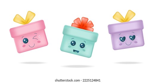 Set of cute 3d gifts with face emotions. Vector stock illustration.