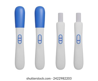 Juego de kit de prueba de embarazo 3D lindo aislado en blanco. Pruebas de embarazo azules con resultados diferentes: positivo y negativo, con y sin tope. Planificación del embarazo, ovulación de la fecundidad de las mujeres