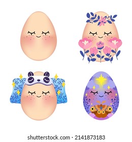 Set of cute 3d realistic cartoon Easter egg illustrations. Vector of funny characters with a smiling expression. Cute mascot designs include sleep panda mask, mystic night and lovely flowers