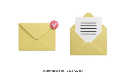 Set of cute 3D style letter envelopes isolated on white. Yellow 3d e-mail envelopes: open and closed with sent notification sign. Business communication postage mail correspondence vector illustration