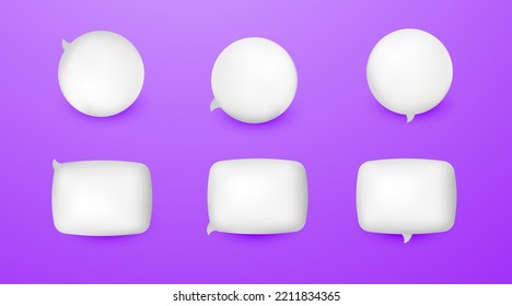 Set of cute 3d white speech bubble icon isolated on purple pastel background