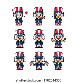 Set of Cute 4th of July independence day mascot design icon illustration vector template