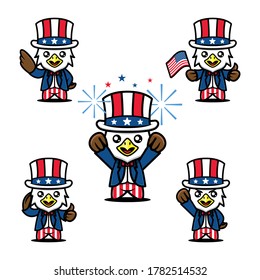 Set of Cute 4th of July independence day mascot design icon illustration vector template