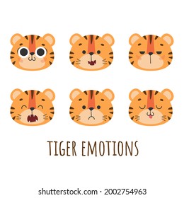Set of cute 6 muzzles, faces tiger, tiger cub with big eyes, brown stripes, symbol of new 2022 year on white background. Vector illustration for postcard, banner, web, decor, design, arts, calendar.