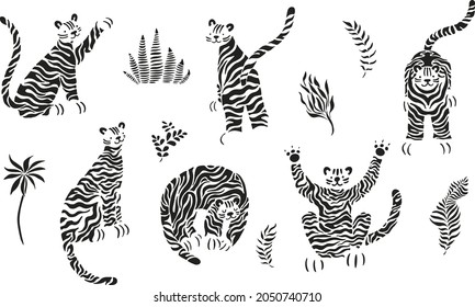 Set Cute Abstract Black And White Tigers, Unique Modern Style. Stripes, Decoratie Style. Collection Of Simple Tiger In Different Pose. Chenese New Year 2022, Orient Zodiac Sign, Illustration On White.